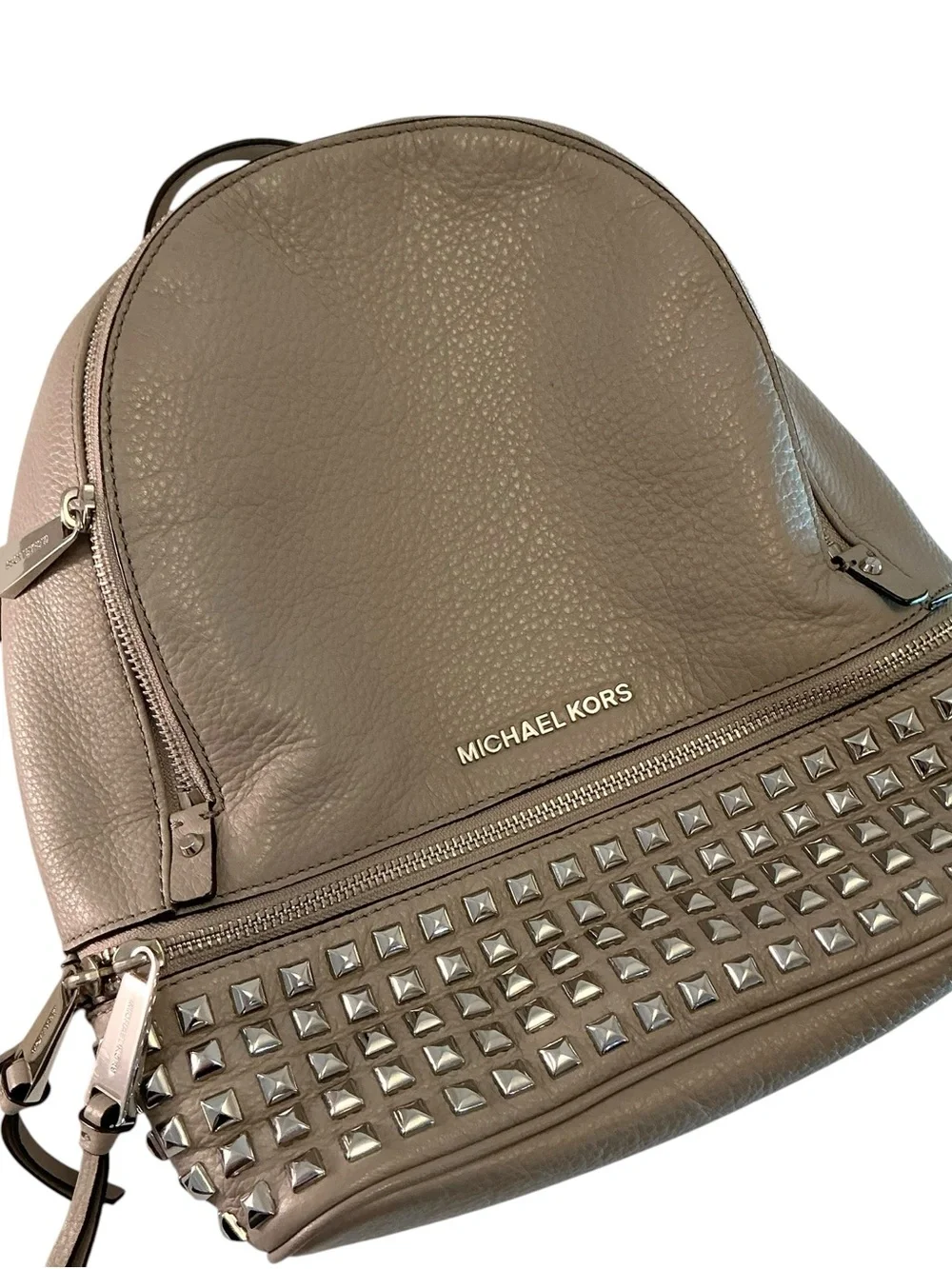 MICHAEL KORS Rhea Zip Studded Backpack Pebbled Leather Bag Pearl Gray- 12